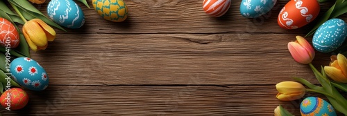 3d background minimalistic mockup with space for text, wooden tabletop with scattered hand-painted Easter eggs and tulips