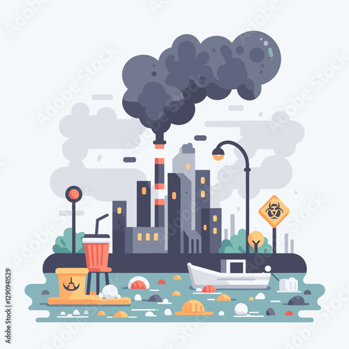A simple and minimalist flat design illustration showcasing pollution, emphasizing environmental concerns. Perfect for educational content, awareness campaigns, or creative visuals.
