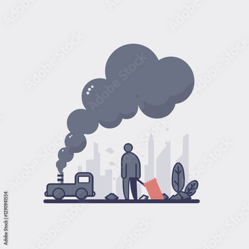 A minimalist flat design illustration highlighting pollution, using simple and modern visuals to emphasize environmental challenges. Suitable for educational materials, campaigns, and creative designs