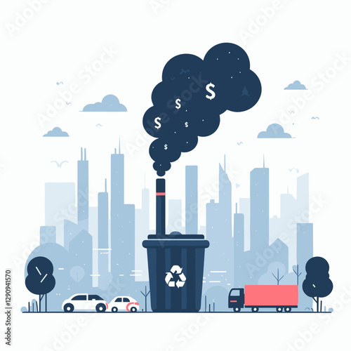 A minimalist flat design illustration of pollution, featuring simple shapes and modern aesthetics. Ideal for environmental campaigns, educational tools, or creative designs.