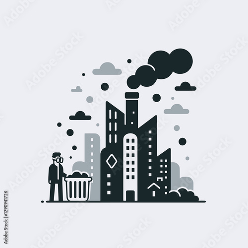 A minimalist flat design illustration highlighting pollution, using simple and modern visuals to emphasize environmental challenges. Suitable for educational materials, campaigns, and creative designs