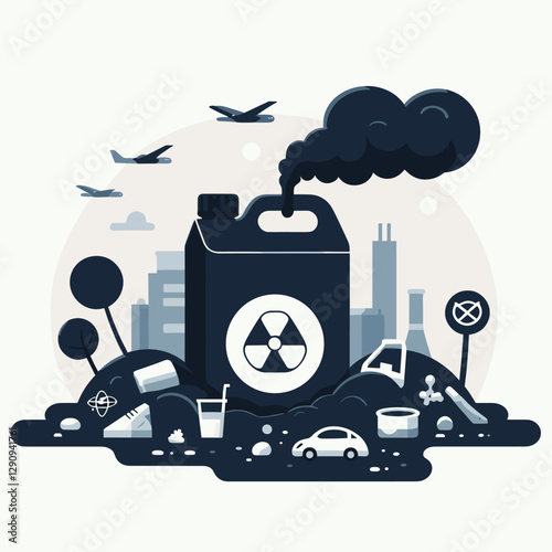 A minimalist flat design illustration of pollution, featuring simple shapes and modern aesthetics. Ideal for environmental campaigns, educational tools, or creative designs.