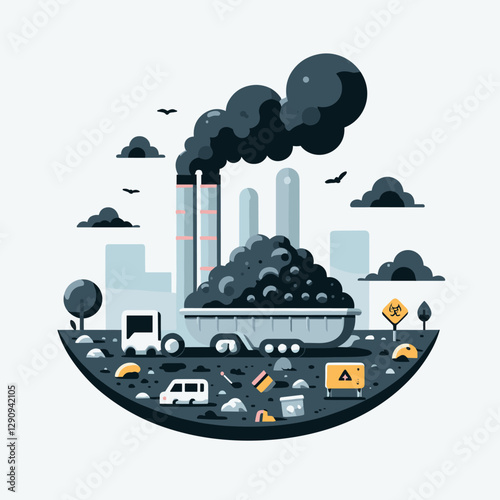 A minimalist flat design illustration of pollution, featuring simple shapes and modern aesthetics. Ideal for environmental campaigns, educational tools, or creative designs.
