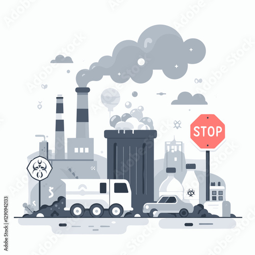 A minimalist flat design illustration showcasing pollution, emphasizing environmental degradation through simple and clean visuals. Perfect for awareness campaigns, educational resources, and creative