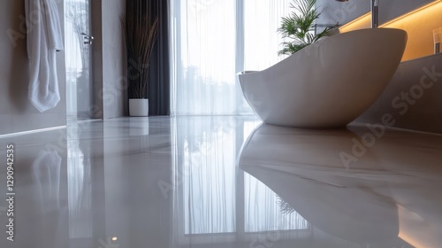 seamless epoxy bathroom flooring, water-resistant high-gloss finish with sleek modern appeal