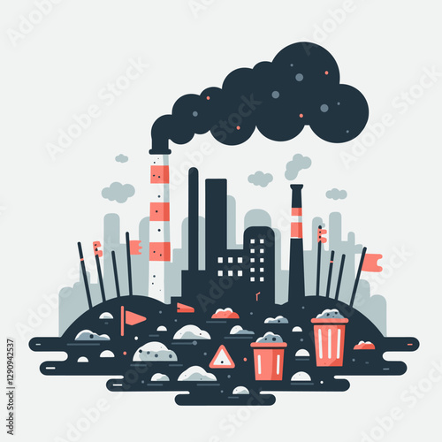 A flat design illustration of pollution in a minimalist and simple style, highlighting environmental issues. Perfect for awareness campaigns, educational purposes, or creative projects.