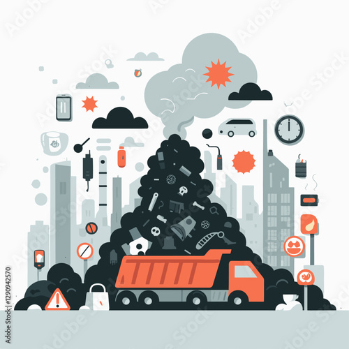 A minimalist flat design illustration of pollution, featuring simple shapes and modern aesthetics. Ideal for environmental campaigns, educational tools, or creative designs.
