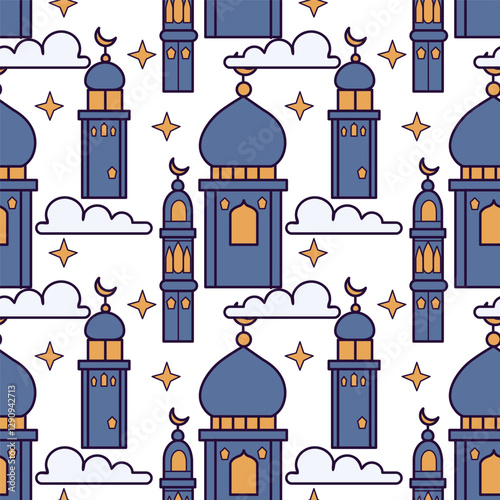 Seamless pattern with mosque, crescent moon, stars and clouds. Ramadan kareem festive background.