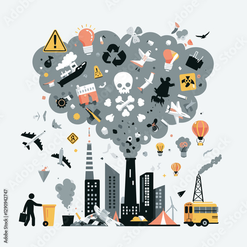 A flat design illustration of pollution in a minimalist and simple style, highlighting environmental issues. Perfect for awareness campaigns, educational purposes, or creative projects.