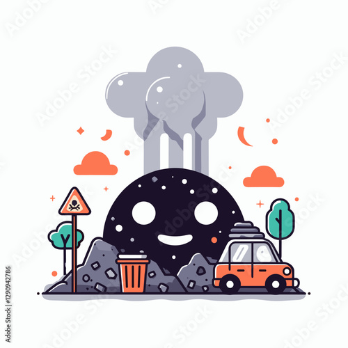 A flat design illustration of pollution in a minimalist and simple style, highlighting environmental issues. Perfect for awareness campaigns, educational purposes, or creative projects.