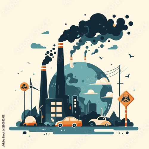 A flat design illustration of pollution in a minimalist and simple style, highlighting environmental issues. Perfect for awareness campaigns, educational purposes, or creative projects.