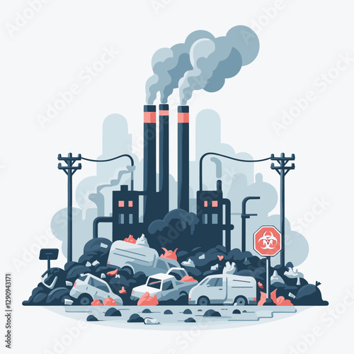 A flat design illustration of pollution in a minimalist and simple style, highlighting environmental issues. Perfect for awareness campaigns, educational purposes, or creative projects.