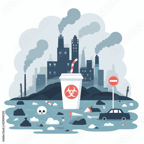 A flat design illustration of pollution in a minimalist and simple style, highlighting environmental issues. Perfect for awareness campaigns, educational purposes, or creative projects.
