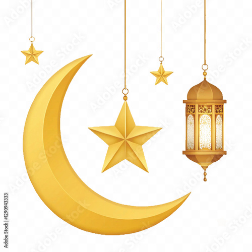 abstract 3d Golden color crescent moon, lantern and star hanging in 3d different golden colour style. Decorative vector elements for Muslim holidays Isolated on a white background
