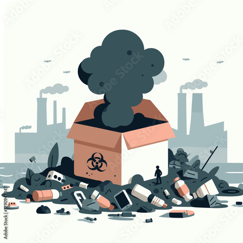 A flat design illustration of pollution in a minimalist and simple style, highlighting environmental issues. Perfect for awareness campaigns, educational purposes, or creative projects.