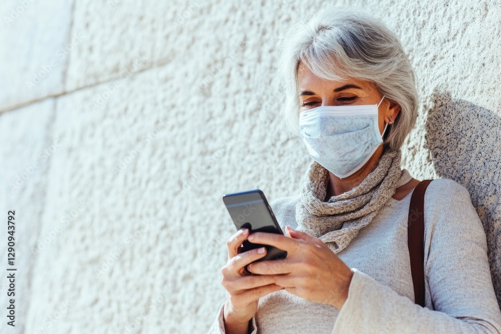 Fototapeta premium A person is checking their phone while wearing a protective face mask