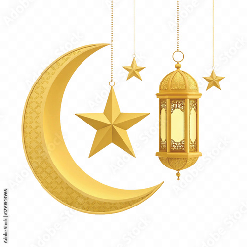 abstract 3d Golden color crescent moon, lantern and star hanging in 3d different golden colour style. Decorative vector elements for Muslim holidays Isolated on a white background