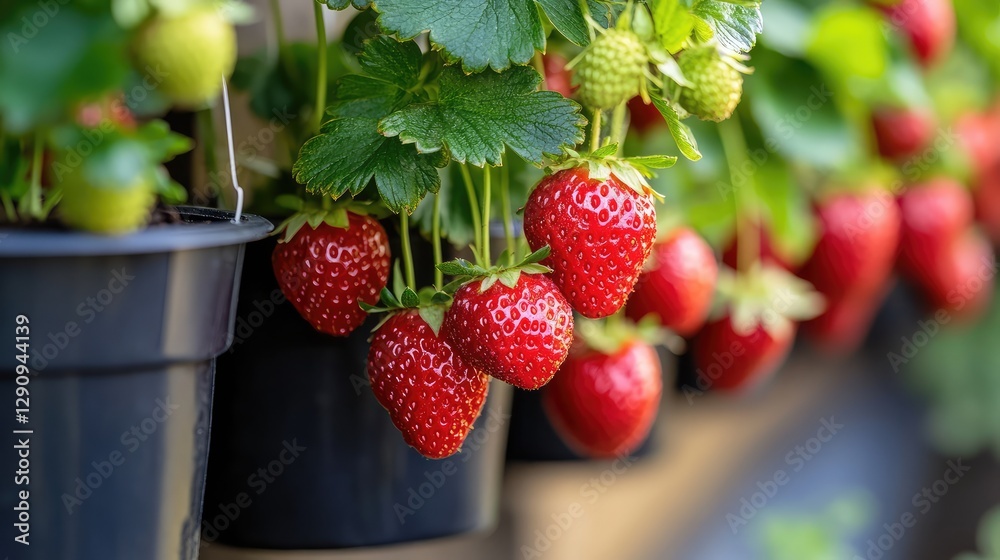 Close-up of fresh strawberries growing in hanging containers on a sunny balcony, urban gardening with space for text. Close-up of fresh strawberries growing in hanging containers on a sunny balcony, urban gardening with space for text.