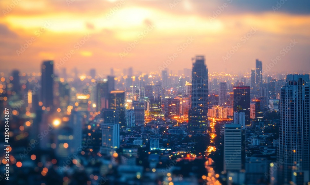 Fototapeta premium Blurred cityscape of Bangkok with skyscrapers during sunset, an urban background for design and travel concepts. Aerial view from above in light pastel colors.