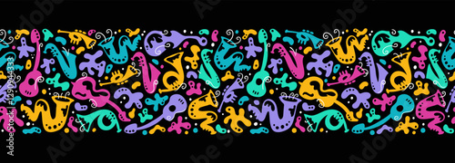 Vibrant hand drawn music instruments seamless pattern, jazz, carnival, wild background, great for packaging, textiles, wallpapers - vector design