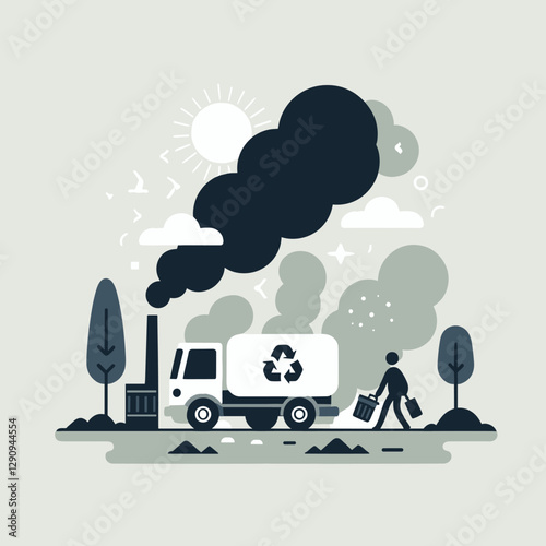 A minimalist flat design illustration of pollution, combining simple elements to highlight environmental issues. Perfect for awareness campaigns, educational materials, or creative projects.