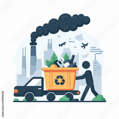 A minimalist flat design illustration of pollution, combining simple elements to highlight environmental issues. Perfect for awareness campaigns, educational materials, or creative projects.