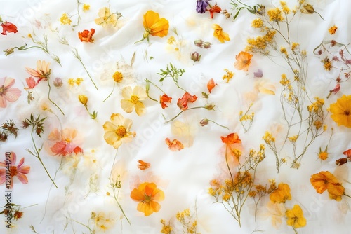 dried wildflowers in vivid yellows and oranges scattered across a white watercolor wash delicate herbarium style cheerful mood bright accents