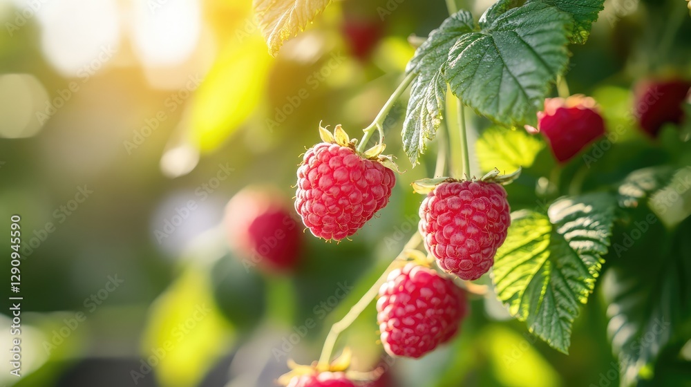 Close-up of organic raspberries growing on a bush, natural sunlight and space around for agricultural or farming copy. Close-up of organic raspberries growing on a bush, natural sunlight and space around for agricultural or farming copy.
