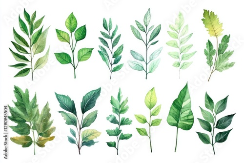 Wallpaper Mural A collection of various watercolor leaf species in different shapes and sizes, isolated Torontodigital.ca