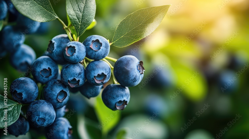 Close-up of plump blueberries on the bush, soft focus background and natural space for farming copy text. Close-up of plump blueberries on the bush, soft focus background and natural space for farming copy text.