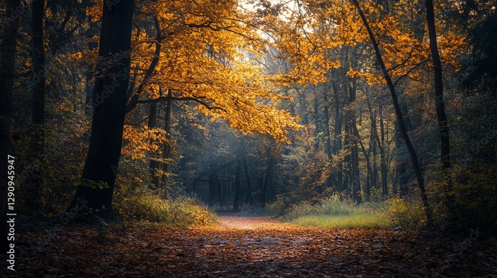 Sunlit autumn path through a mystical forest. Sunlit autumn path through a mystical forest.