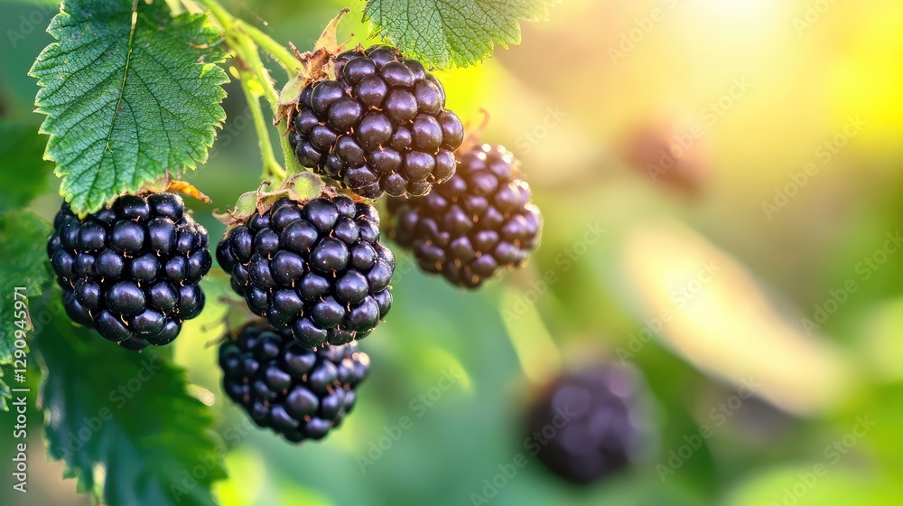 Close-up of ripe blackberries growing on a bush, vibrant colors with a soft-focus background for copy space. Close-up of ripe blackberries growing on a bush, vibrant colors with a soft-focus background for copy space.