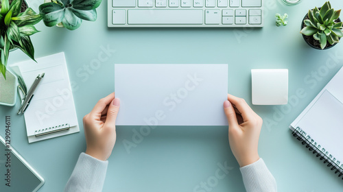 There are two hands holding a spuer long piece of paper on the clean desktop, with no other clutter around.

