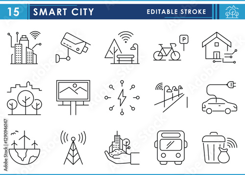 A set of line icons related to Smart City. Smart, city, digital, network, green city, renewable energy, traffic management, and so on. Vector editable stroke.
