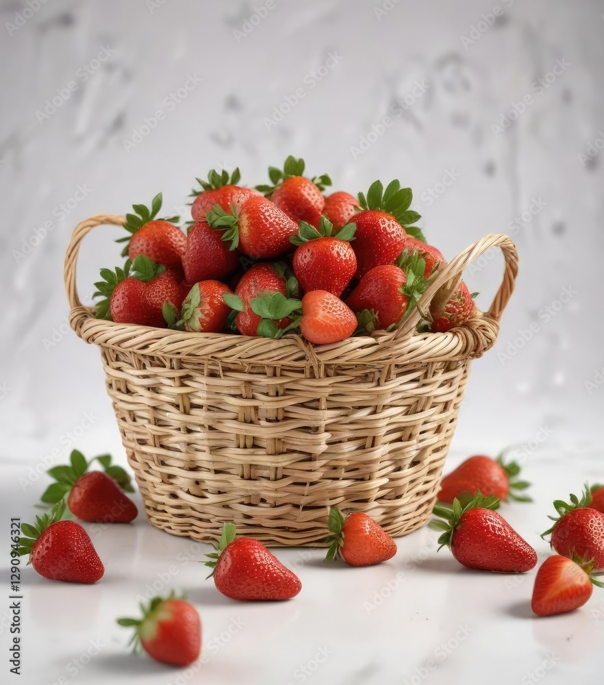 Fresh strawberries overflowing from a wicker basket on a crisp white background, fruit, basket Fresh strawberries overflowing from a wicker basket on a crisp white background, fruit, basket