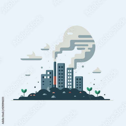 A simple and minimalist flat design illustration of pollution, emphasizing environmental damage through clean and modern visuals. Perfect for educational materials, campaigns, and creative content.