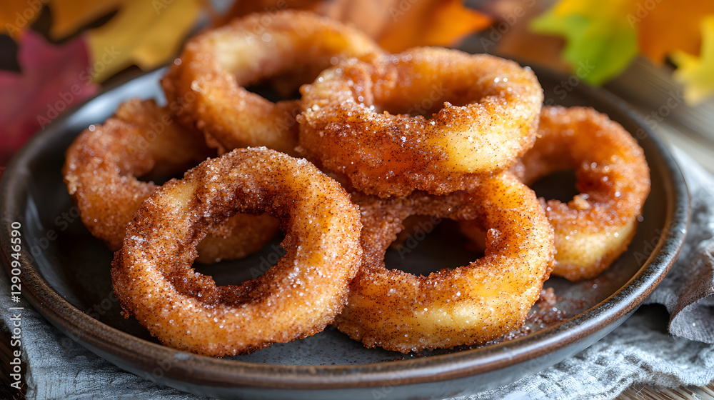 Golden fried apple rings coated in cinnamon sugar, arranged on a rustic plate with autumn leaves in the background. Golden fried apple rings coated in cinnamon sugar, arranged on a rustic plate with autumn leaves in the background.