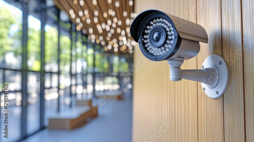 A modern security camera mounted on a wall in an indoor setting, showcasing a sleek design and bright lighting.