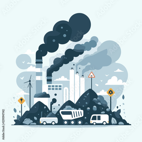 A minimalist flat design illustration depicting pollution, combining clean lines and simple visuals to highlight environmental concerns. Perfect for campaigns, educational use, and creative works.
