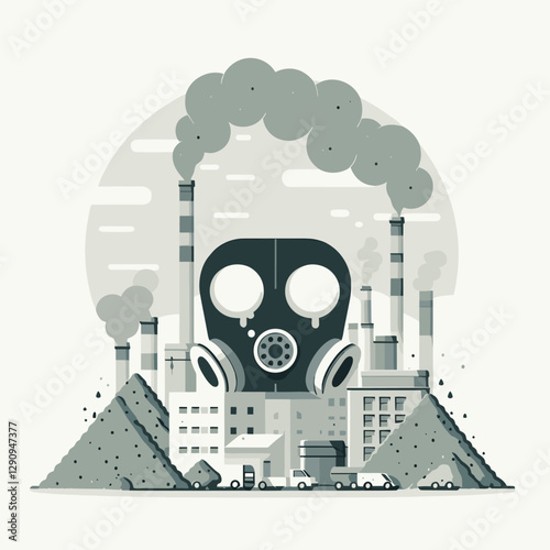Industrial pollution illustration with gas mask symbolizing environmental issues and awareness campaign visuals for advocacy and educational purposes