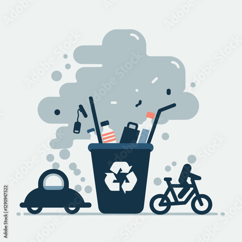 A clean and minimalist flat design illustration of pollution, featuring simple shapes to represent environmental issues. Ideal for educational content, awareness campaigns, and digital projects.