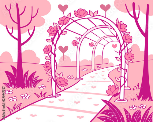 Pink Rose Archway Path: Valentine's Day Romantic Floral Design.