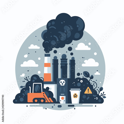 A clean and minimalist flat design illustration of pollution, featuring simple shapes to represent environmental issues. Ideal for educational content, awareness campaigns, and digital projects.