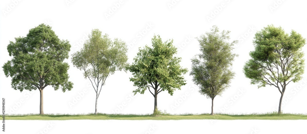 Fototapeta premium Diverse green tropical trees in varying heights arranged horizontally against a bright white background showcasing rich foliage and shadows.