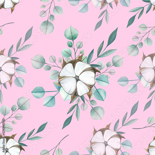 Seamless watercolor pattern with cotton flowers and eucalyptus sprigs. Beautiful delicate pattern on a pink background for bed linen, textiles, paper packaging, background.Watercolor cotton,eucalyptus
