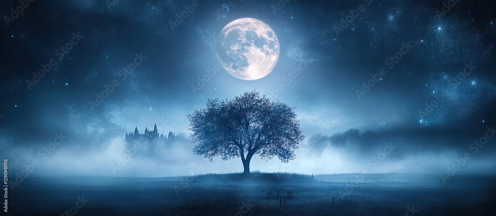 Naklejka premium Mysterious blue twilight scene showcasing a full moon, foggy landscape, silhouetted castle, and a lone tree creating a spooky ambiance for gatherings