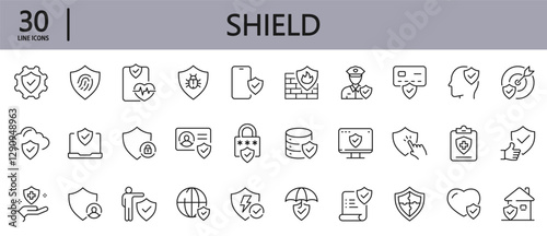 Shield line icons set with Guard, Security, Protection, Technology, Network and more. Editable Stroke