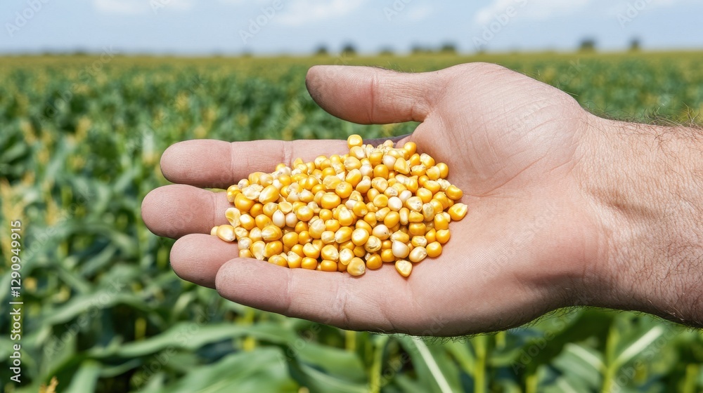 agricultural harvest, a farmer displaying fresh corn kernels against a thriving cornfield background evokes a lifestyle-oriented editorial agricultural harvest, a farmer displaying fresh corn kernels against a thriving cornfield background evokes a lifestyle-oriented editorial