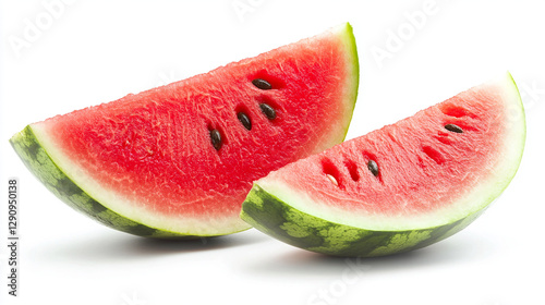 A perfectly sliced watermelon wedge on a white background