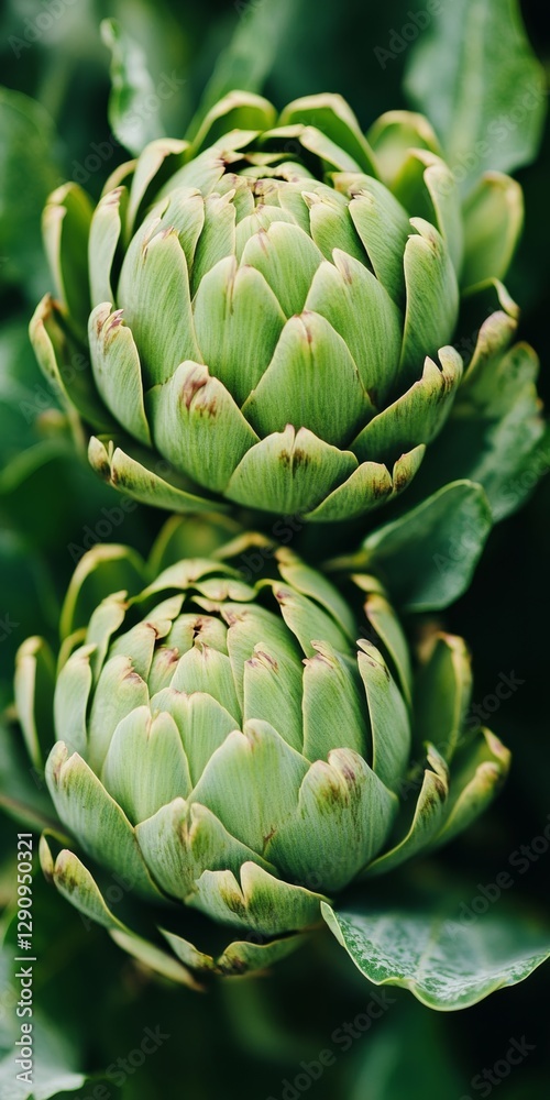 Vibrant Green Artichoke Buds Close-Up of Two Artichokes Growing, Fresh Produce in the Garden Vibrant Green Artichoke Buds Close-Up of Two Artichokes Growing, Fresh Produce in the Garden